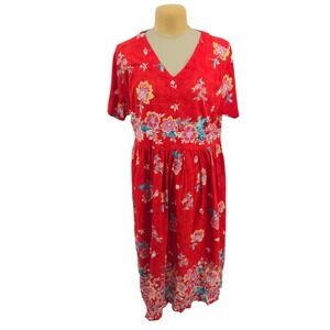 Only Necessities Red Floral V-Neck Midi Dress Plus Size 1X 22/24 Cotton Casual